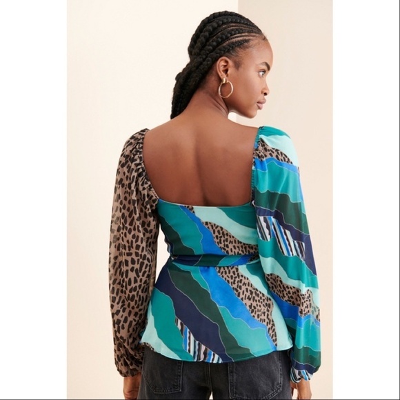 ANTHROPOLOGIE | Hutch Long Sleeve Wrap Top Mixed Print Oli Blouse Cheetah - Picture 2 of 8